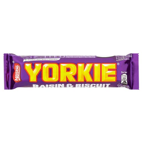 A pack of Yorkie Raisin & Biscuit cereal bars, with a purple and white wrapper.
