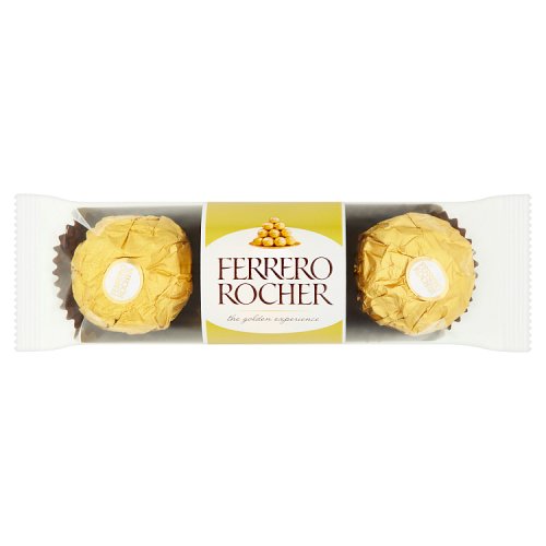 A pack of Ferrero Rocher chocolates with the brand name and logo visible on the packaging.