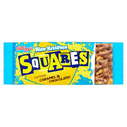A packaged food item with the Kellogg's Rice Krispies Squares brand visible, indicating caramel and chocolate flavored rice crispy treats.