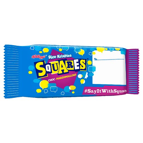 A packaged product of Kellogg's Rice Krispies Squares with chocolate and marshmallow. The packaging is predominantly blue with images of the Rice Krispies logo and chocolate marshmallows.