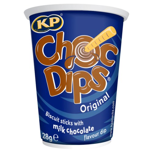 A container of KP Choc Dips original, which are biscuit sticks coated with milk chocolate dip.