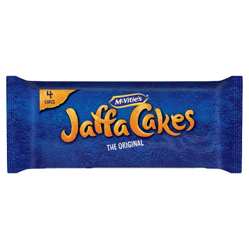 Packaging of McVitries Jaffa Cakes, showing a blue color scheme with 'Jaffa Cakes' text and a '4' symbol indicating four cakes in the pack.