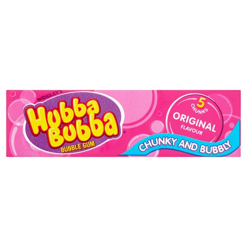 Packaging for Wrigley's Hubba Bubba Original chewing gum, featuring the product name and the phrase 'chunky and bubbly'.