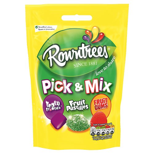A bag of Rowntree's Pick and Mix candy assortment featuring a mix of fruity flavors, including strawberry, orange, and raspberry.