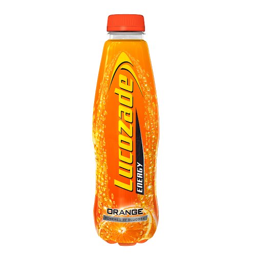 A bottle of Lucozade Energy Orange drink with an orange cap and orange label, shown on a plain white background.