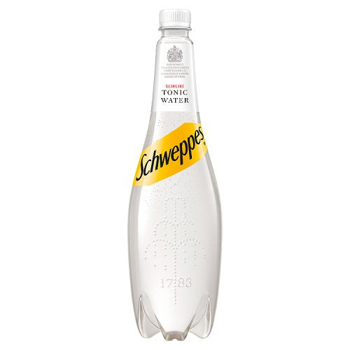 A 1-liter bottle of Schweppes Slimline Tonic Water, with branding and product information displayed on the label.
