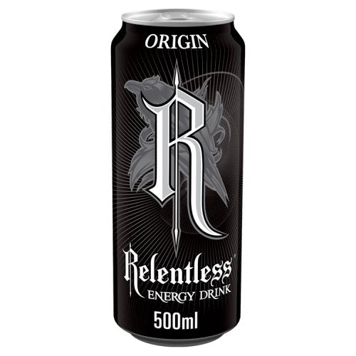 A 500ml can of Relentless Energy Drink with a black and white design featuring the logo 'R'.