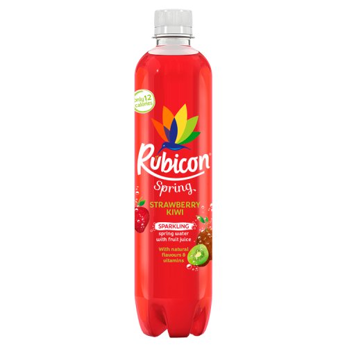 A bottle of Rubicon Spring Kiwi & Strawberry sparkling fruit drink.