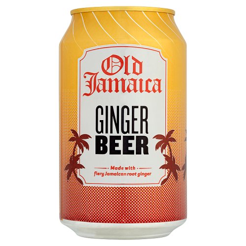 A can of Old Jamaica Ginger Beer with a yellow and red color scheme and palm trees depicted on it.