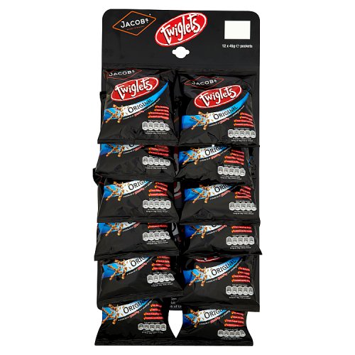Packaging of Jacob's Twiglets, showing multiple individual snack packets arranged in a carded display.