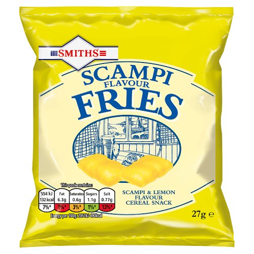 A bag of Scampi Fries by Smiths, with a yellow packaging and lemon flavor indicated.