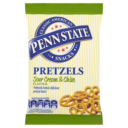 A package of Penn State Pretzels with Sour Cream & Chive flavor. The packaging is predominantly yellow and green with images of the pretzels in the front.