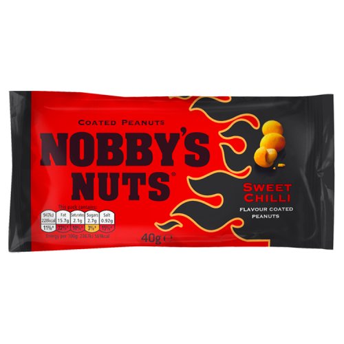 A package of NOBBY'S CHILLI NUTS, which are sweet chili flavored coated peanuts, in a 40g bag.