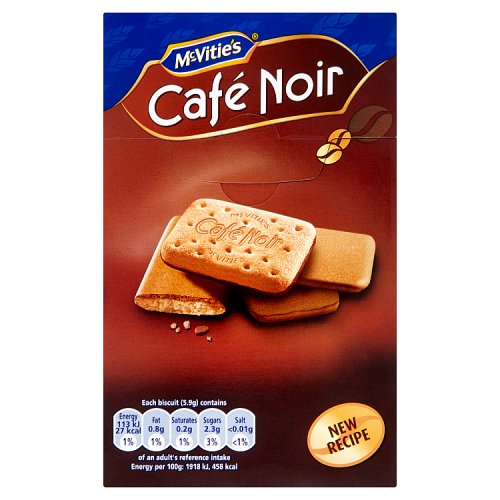 Packaging for McVities Cafe Noir biscuits, featuring two chocolate-colored biscuits with a coffee cup in the background, and the text 'new recipe' prominently displayed.