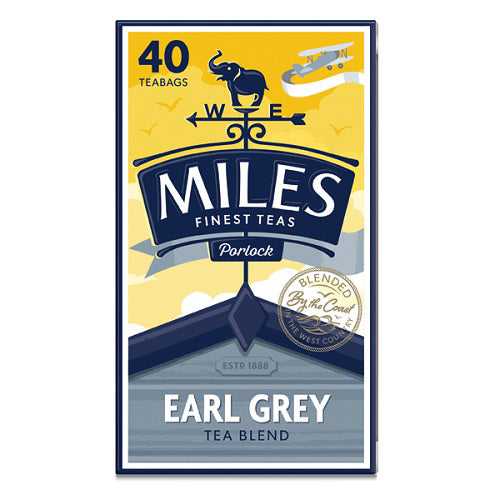Packaging of Miles Earl Grey tea bags featuring an elephant and a plane, with a yellow and blue color scheme.