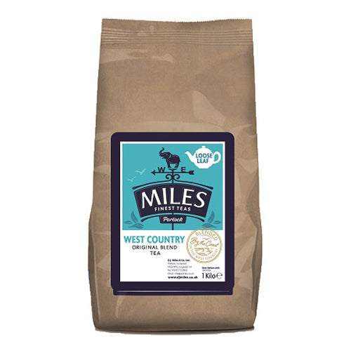 A brown paper bag packaging for MILES loose leaf tea, with a blue label that reads 'West Country Original English Tea' and has the brand's logo, net weight 1kg.