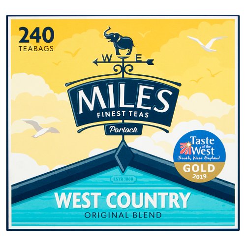 A pack of Miles Fine Teas, West Country Original Blend, with a background suggesting a coastal or outdoor setting. The pack contains 240 tea bags and has won a Taste of West Gold award.