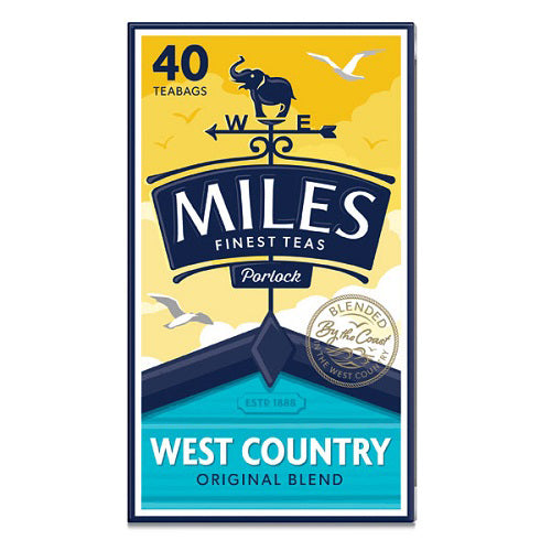 A pack of Miles Finest Teas West Country Original Blend tea bags. The packaging is predominantly yellow and blue with an illustration of an elephant, birds, and a compass.