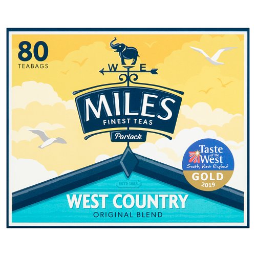 Packaging of Miles finest teas, featuring the 'West Country Original Blend' with a graphic of tea bags and branding details, including the year '1980' and a gold award seal stating 'Taste of West 2019'.