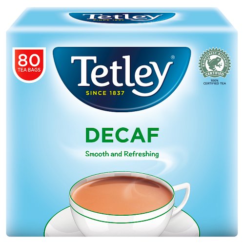 A box of Tetley Decaf tea bags, with the brand logo, a cup of tea, and the taglines 'Smooth and refreshing' displayed on the front.