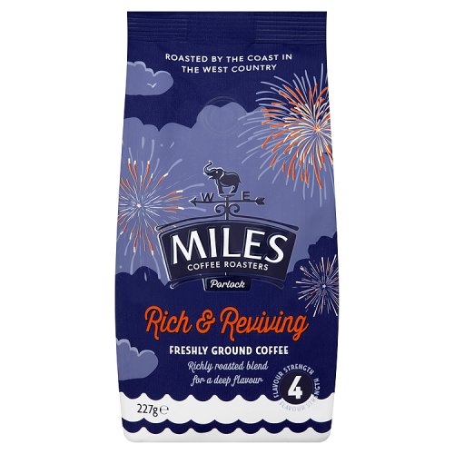 A package of Miles Rich & Reviving Coffee, showing the brand logo, a graphic of a cow, and fireworks, indicating the product is roasted in the West Country.