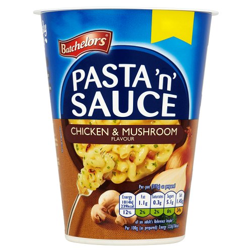 A packaged product of Batchelors Pasta 'n' Sauce in Chicken & Mushroom flavor, showing the product name, an image of the pasta with sauce, and nutritional information.