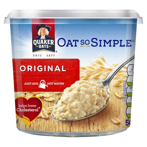 A packaged product of Quaker Oats Oat so Simple Original, showing a spoonful of oatmeal and the label with brand and product information.