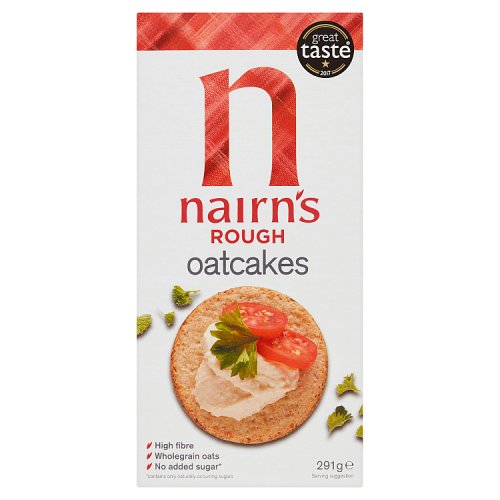 Packaging of Nairn's Rough Oatcakes showing the brand logo, a picture of an oatcake with toppings, and product details.