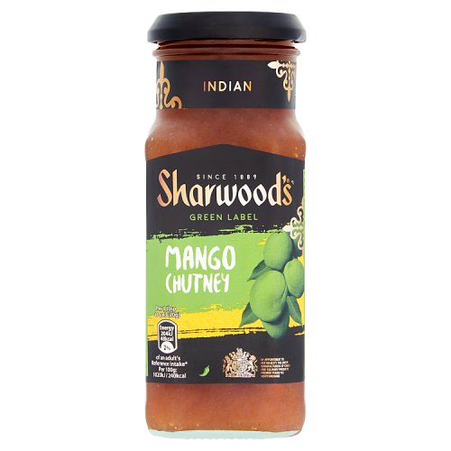 A jar of Sharwoods Green Label Mango Chutney with a label showing the brand name, product name, and images of mangoes.
