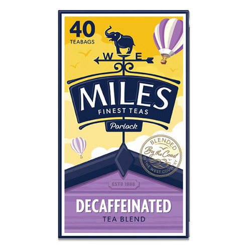 Packaging of MILES decaffeinated tea bags, featuring the brand logo, the product name, and the number of tea bags.