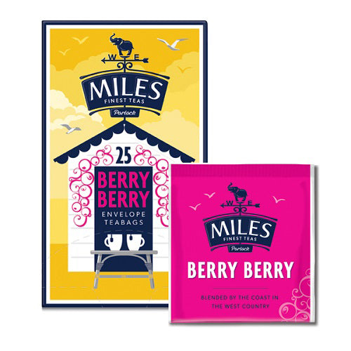 Packaging for MILES BERRY BERRY TEA, featuring a bright pink tea bag envelope with product information, and a yellow background with a depiction of a tea shop.