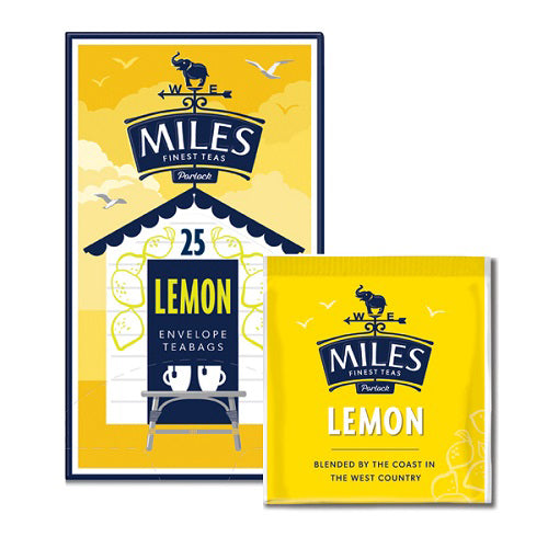 Packaging of Miles Lemon Tea with a yellow and white color scheme, featuring an illustration of a lemon and birds. It includes a box and a single tea bag visible with the brand's logo and text.