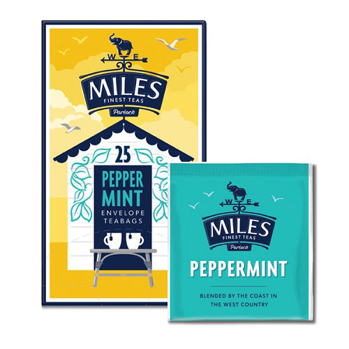 Packaging of Miles peppermint tea bags, featuring a yellow and blue design with peppermint leaves and the text '25 Peppermint Envelope Teabags'.