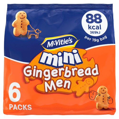 Packaging for McVities Mini Gingerbread Men, showing a cartoon gingerbread man, the product name, weight (88g), and nutritional information (per 380g pack).