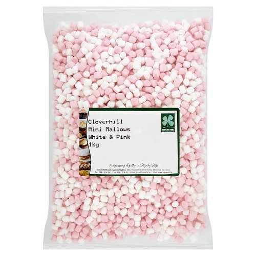 A clear plastic bag containing pink and white mini marshmallows with a green label displaying the brand and product name.