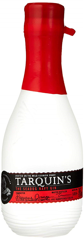 A bottle of TARQUINS SEADOG (RED) GIN with a white body and a red cap.