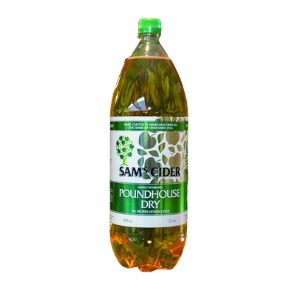 A 2-liter bottle of Sam's Poundhouse Dry Cider with a green cap.