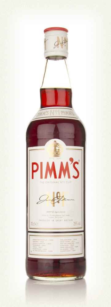 A bottle of Pimm's No1 liquor.
