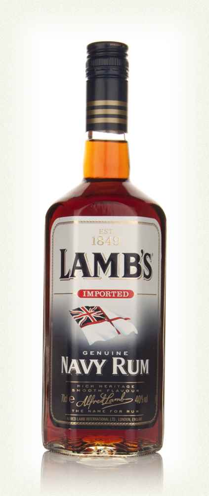 This image features a bottle of Lamb's Navy Rum, a product known for its smooth, mellow taste and rich history. The bottle is tall and slender, adorned with a classic label that includes the brand name "Lamb's" prominently displayed along with the description "Navy Rum.