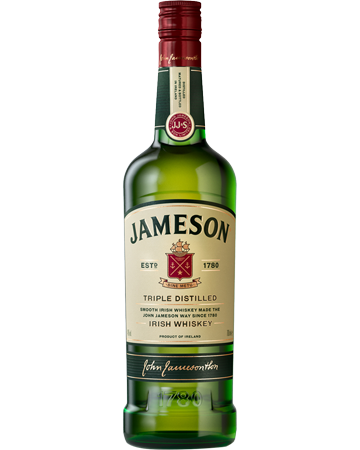 This image features a bottle of Jameson Irish Whiskey, prominently displaying the brand’s classic green bottle with a red cap. The label is clear and detailed, showcasing the Jameson logo and the triple distilled, Irish whiskey origin.