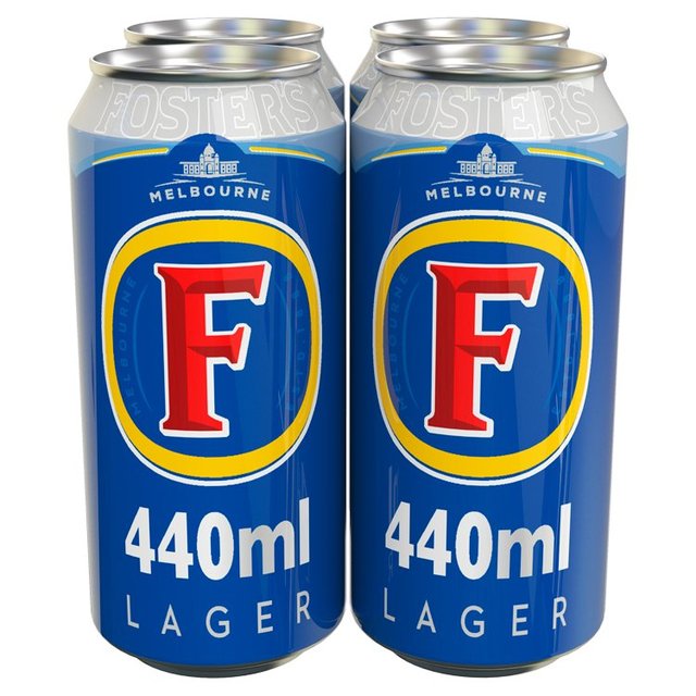 Two blue Fosters Lager beer cans with a large red 'F' logo and yellow and white accents, shown on a plain white background.