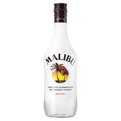 A bottle of Malibu rum with a white label featuring a palm tree and the name 'MALIBU' prominently displayed.
