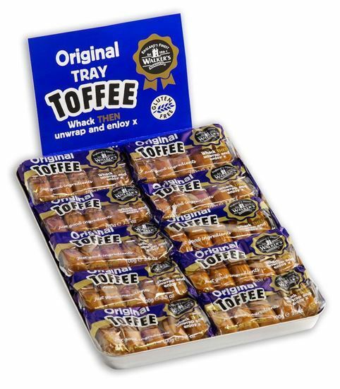 A tray of Walker's Original Tray Toffee, with packaging displaying the product name and quantity.