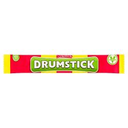 Packaging for Swizzels Drumstick Chew Bar with the product name displayed prominently in green lettering on a red background, with additional text and graphics indicating flavor or special attributes.