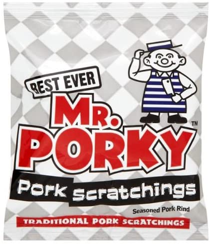 Packaging for Mr. Porky Pork Scratchings showing the brand logo, a cartoon pig character, and text indicating it is a traditional pork rind snack.