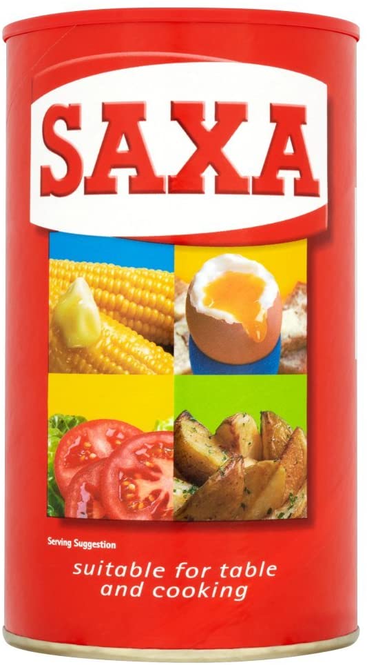 A red container of Saxa salt with images of food suggesting its use for table and cooking.