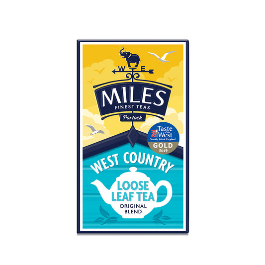 Packaging of Miles West Country Original Loose Leaf Tea, featuring a yellow and blue design with a graphic of a tea pot and leaves, and award badges for taste and quality.