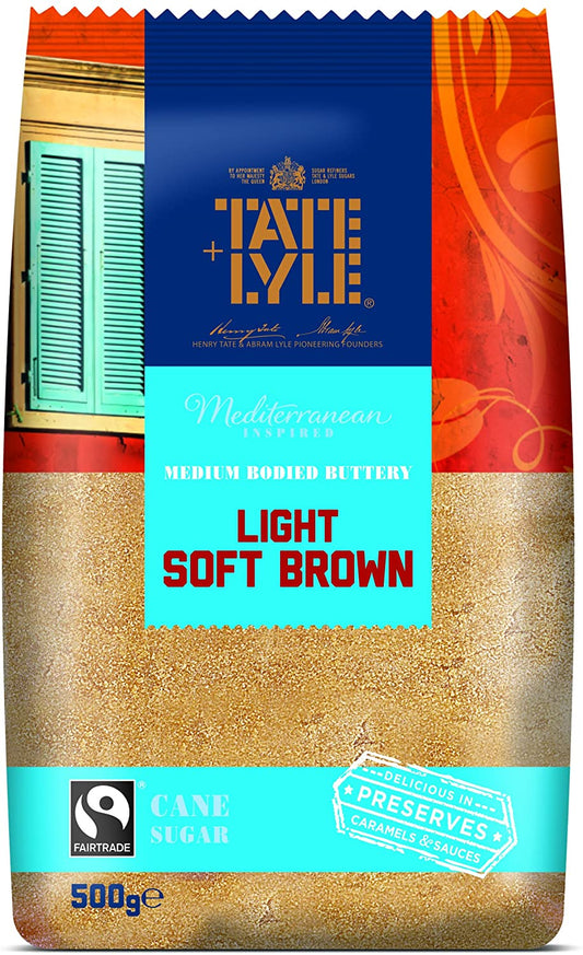 A package of Tate & Lyle Light Soft Brown Sugar, 500g size, with branding and product information displayed.