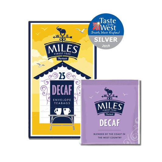 Packaging of MILES DECAF TEA with a Silver award badge indicating Taste of the West 2019