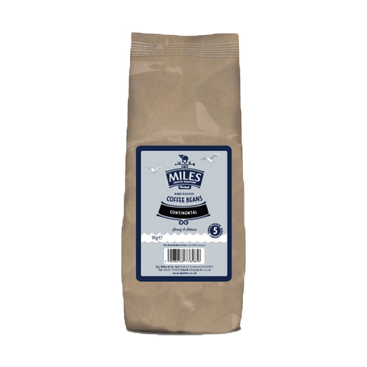 A package of Miles Continental Coffee Beans, 1kg size, with a label indicating the brand, product type, and brewing instructions.